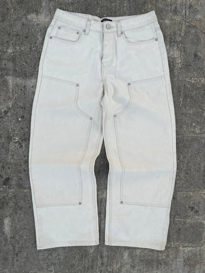 BoohooMan White Texturized Double-Knee Carpenter Baggy Jeans (32)