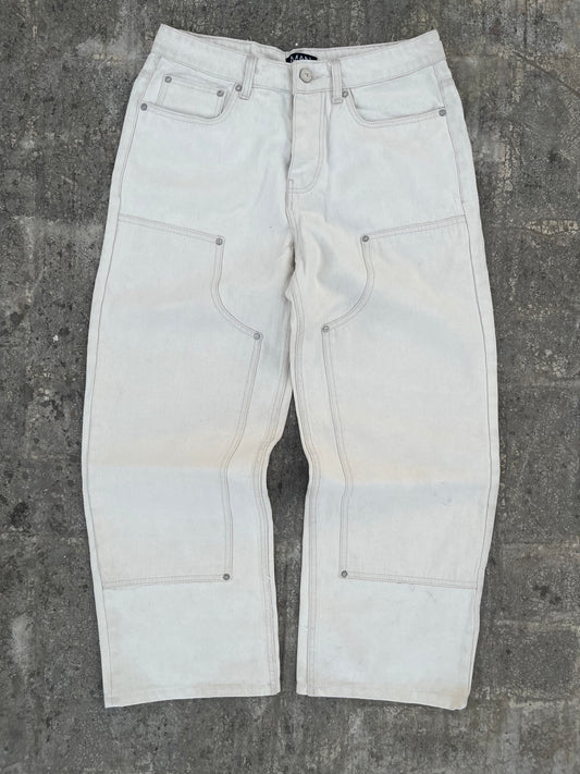 BoohooMan White Texturized Double-Knee Carpenter Baggy Jeans (32)