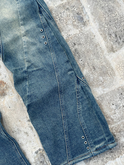 Favela Y2K Dark Blue Flared Jeans with Patchwork and Embroidery (34)