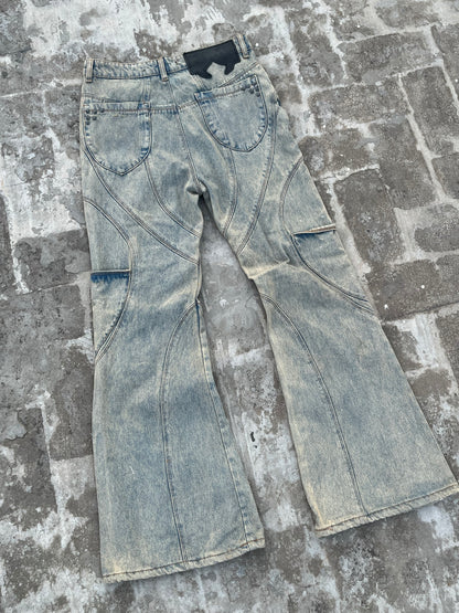 Favela Y2K Vintage Acid Washed Light Blue Flared Jeans with Patchwork and Embroidery (32)