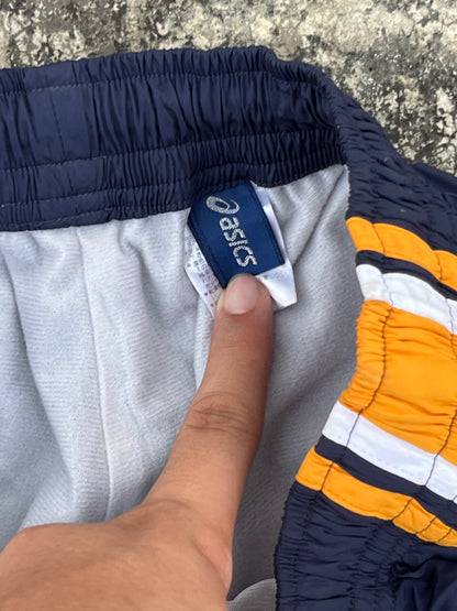 Vintage Asics Dark Blue / Yellow Buttoned Baggy Trackpants (M/L)