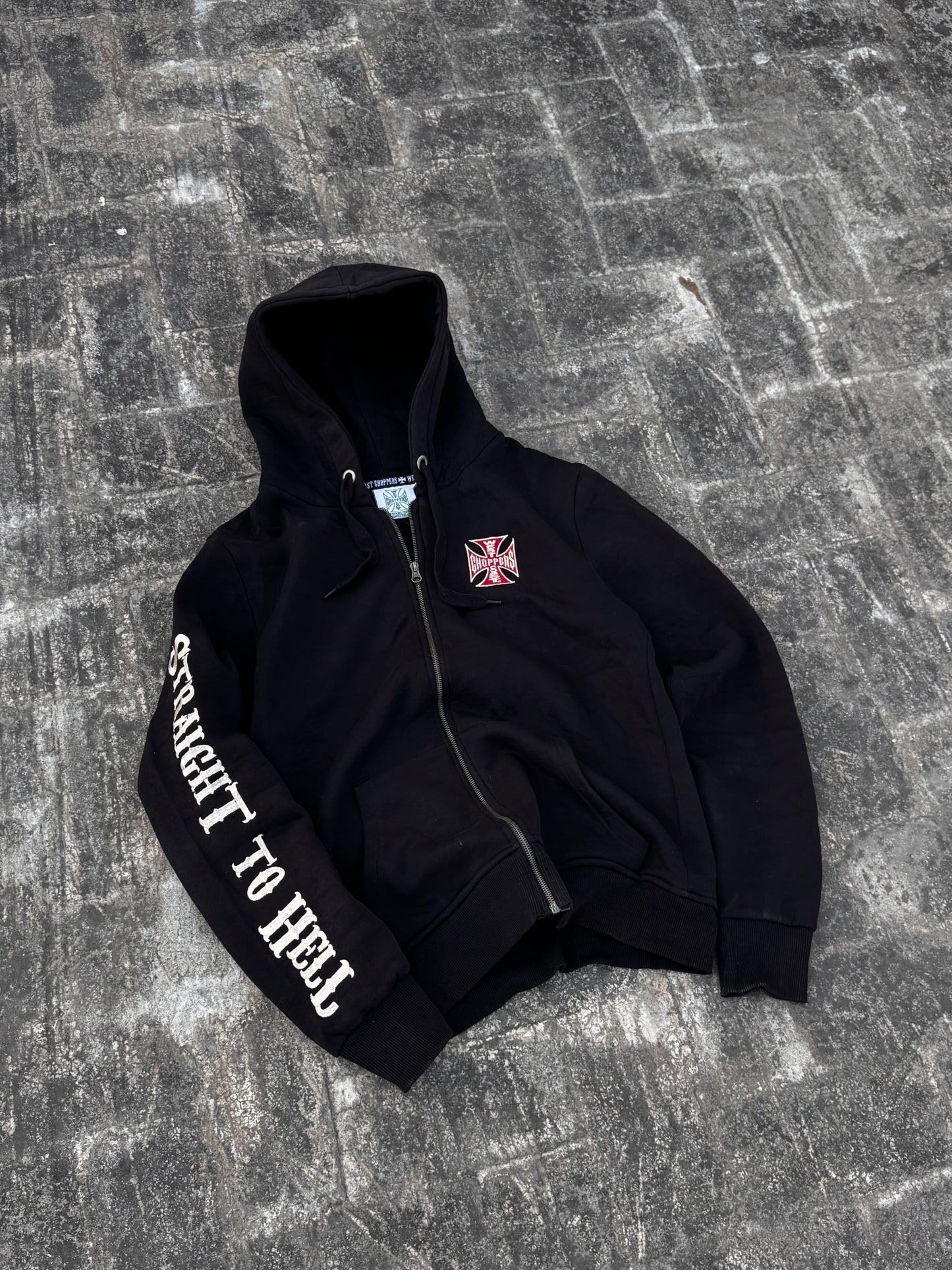 Vintage West Coast Choppers "El Diablo" Zip-Up Hoodie - Straight to Hell Sleeve - Early 2000s Y2K Biker (M)