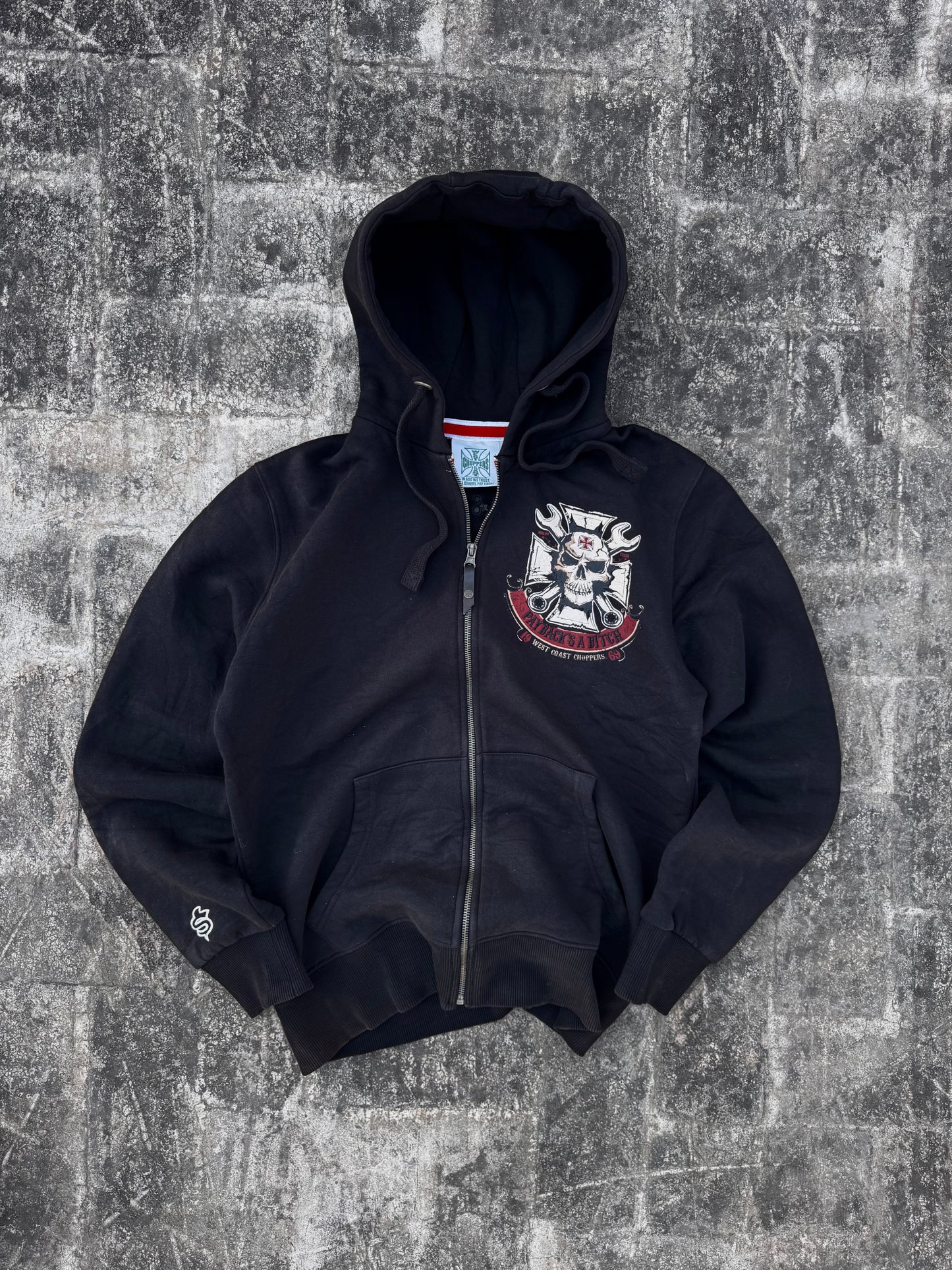 West Coast Choppers Mechanic Zip Hoodie Black Vintage 2010s WCC Skull (M)