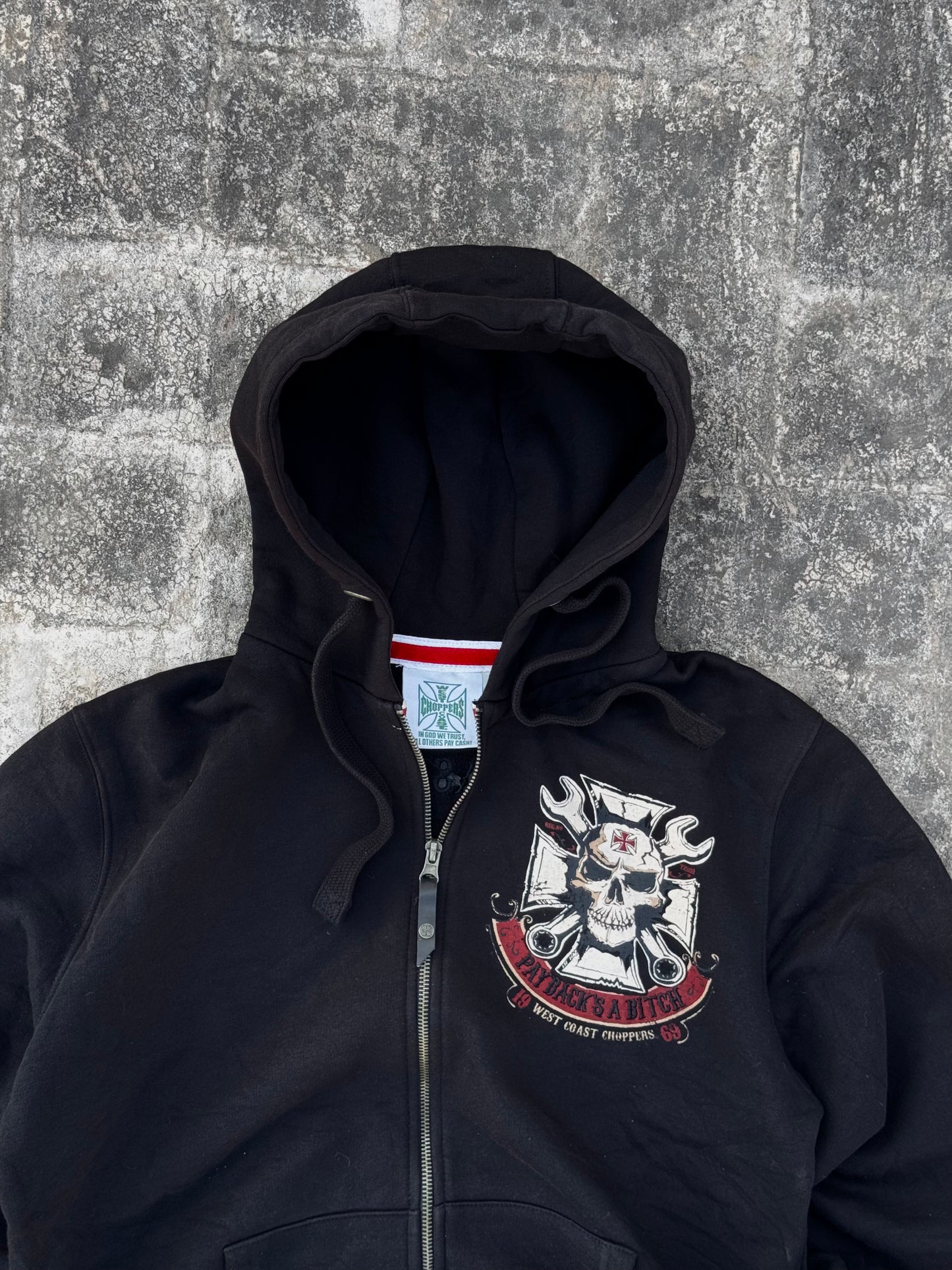 West Coast Choppers Mechanic Zip Hoodie Black Vintage 2010s WCC Skull (M)