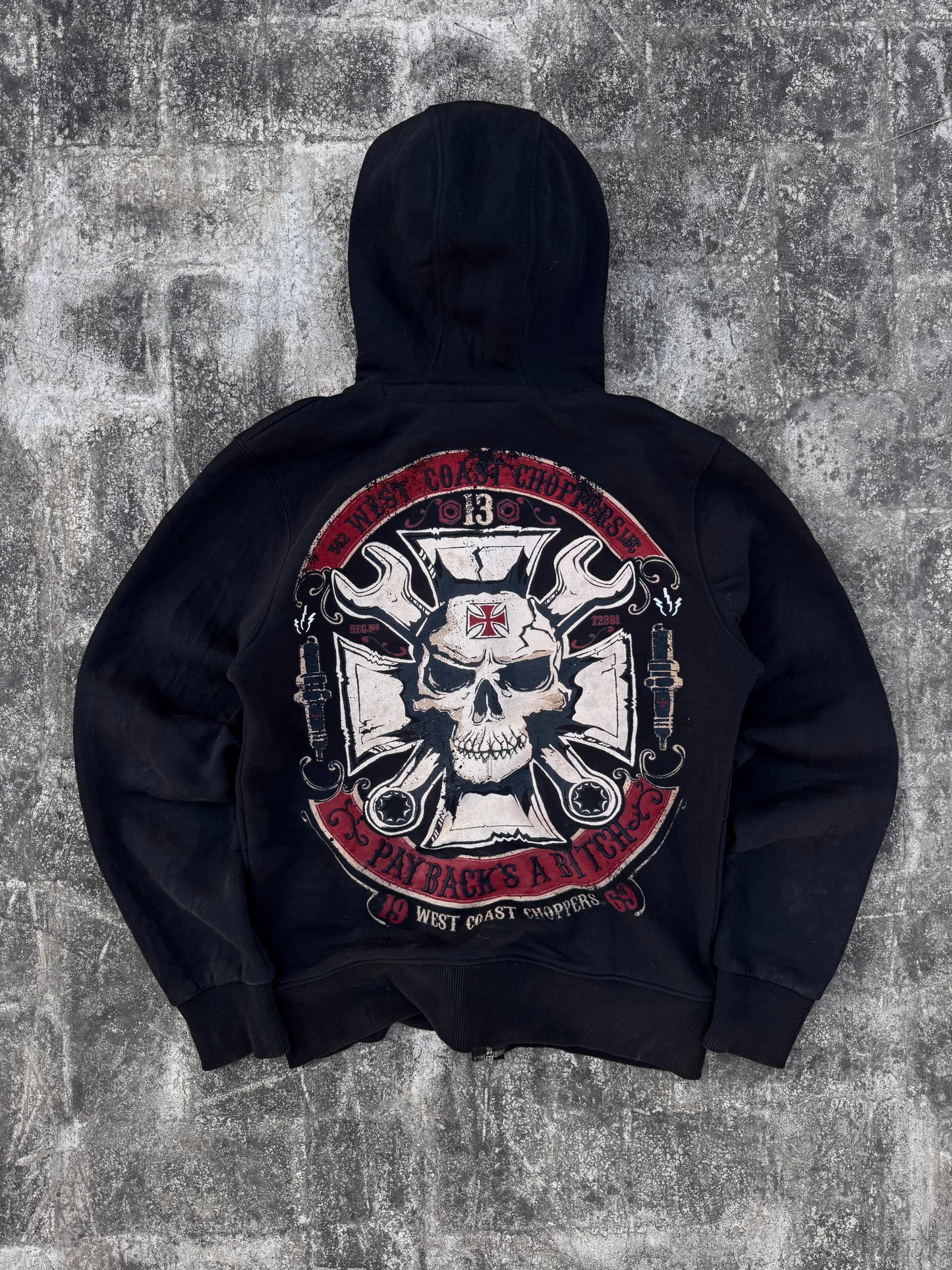 West Coast Choppers Mechanic Zip Hoodie Black Vintage 2010s WCC Skull (M)