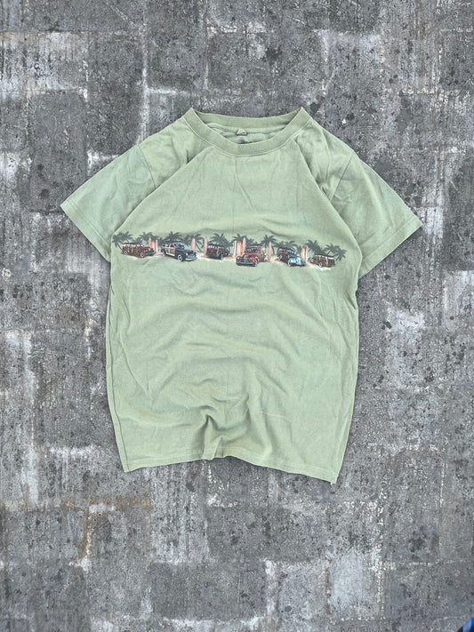 Vintage Newport Blue Light Green Palm Trees and Vintage Cars Graphic Tee (M)
