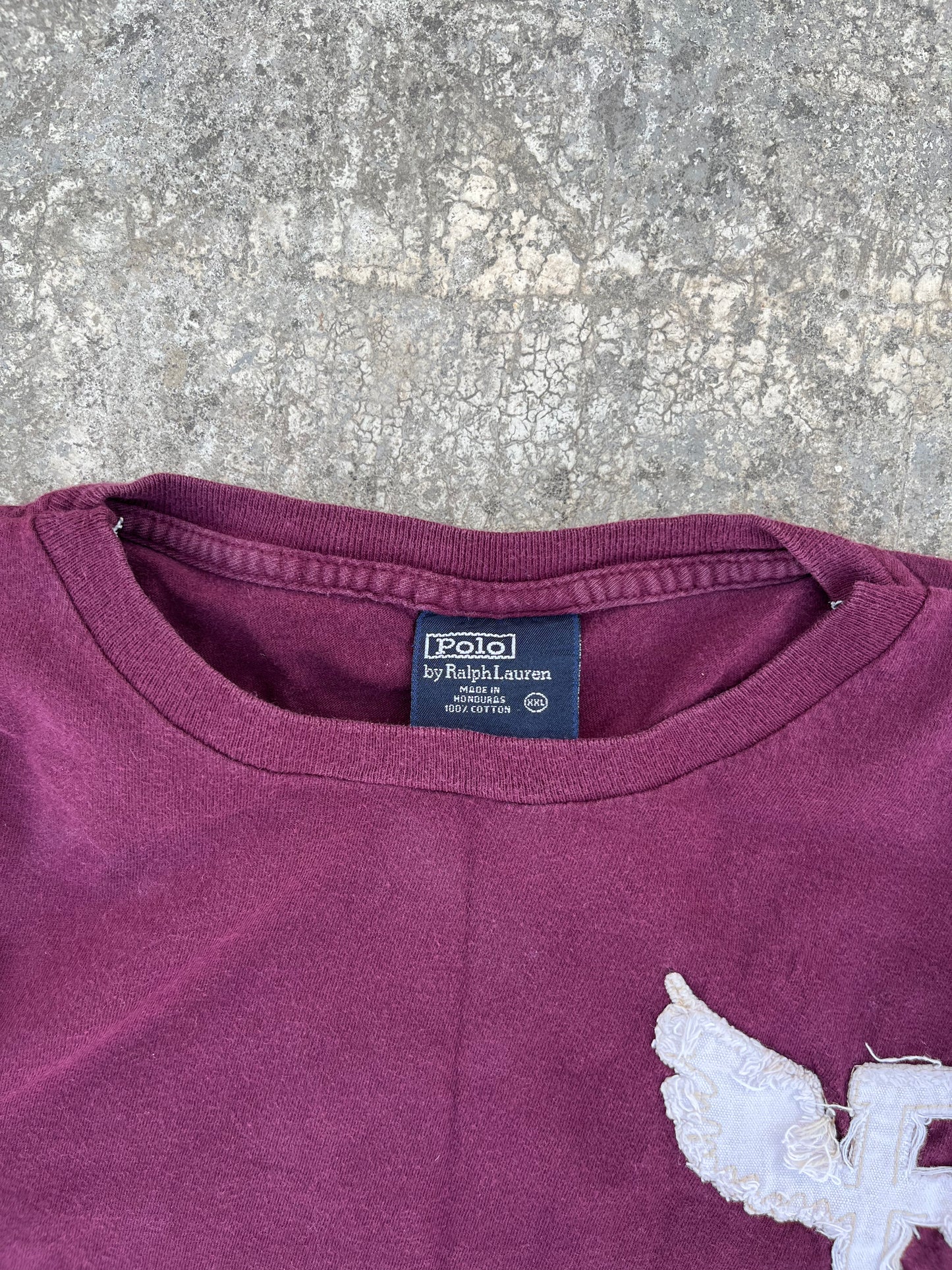 Vintage Polo by Ralph Lauren Maroon "R" Patchwork Tee (M)