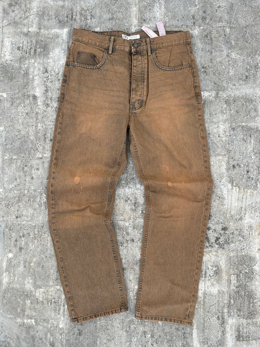 Zara Washed Brown Distressed Straight Fit Jeans (32)