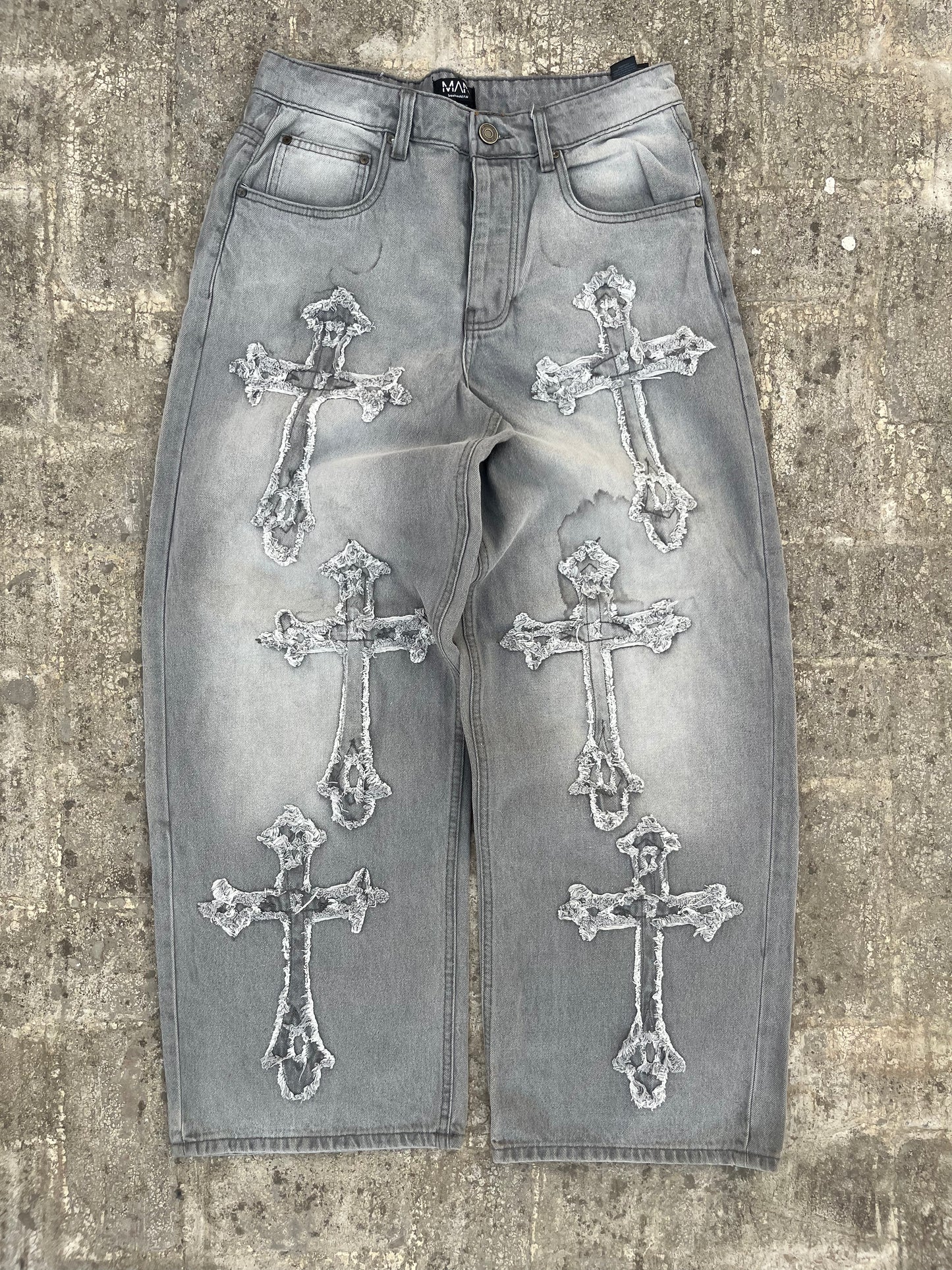 BoohooMan Chrome Hearts Cross Inspired Patchwork Grey Baggy Jeans (32)