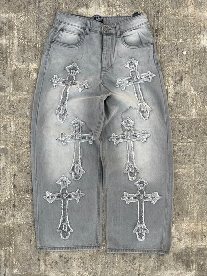 BoohooMan Chrome Hearts Cross Inspired Patchwork Grey Baggy Jeans (32)