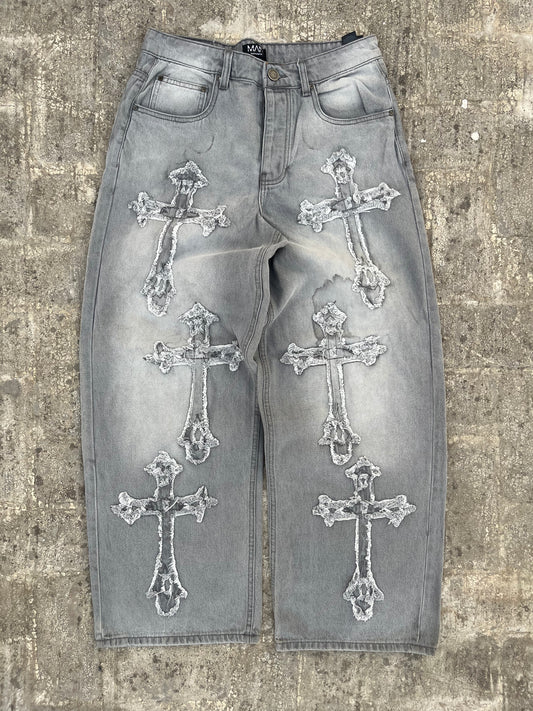 BoohooMan Chrome Hearts Cross Inspired Patchwork Grey Baggy Jeans (32)