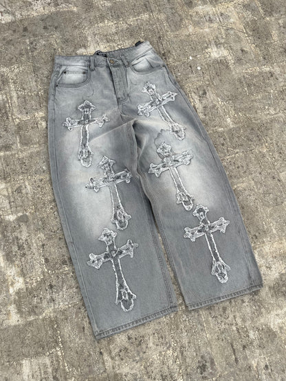 BoohooMan Chrome Hearts Cross Inspired Patchwork Grey Baggy Jeans (32)
