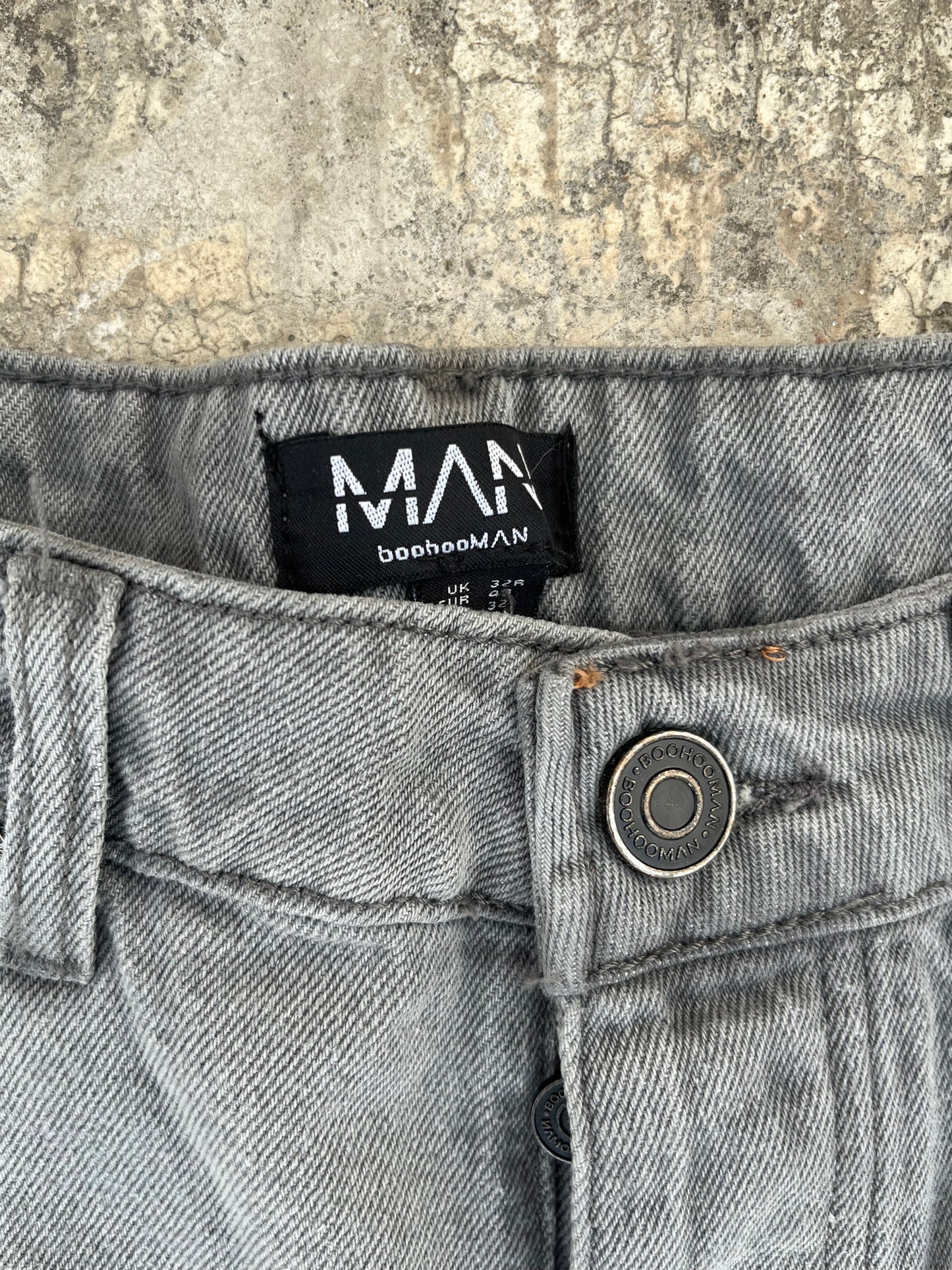 BoohooMan Chrome Hearts Cross Inspired Patchwork Grey Baggy Jeans (32)