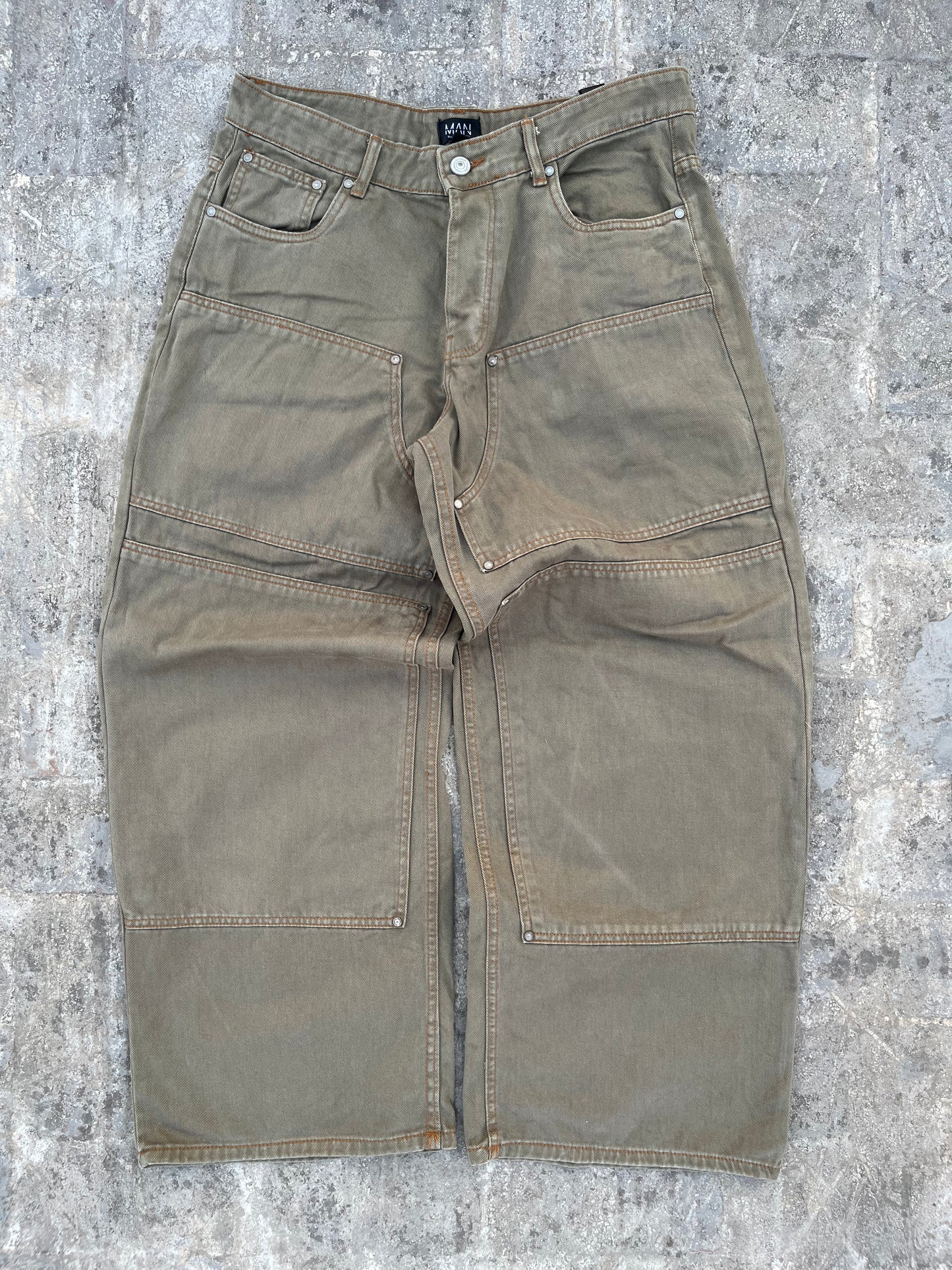 BoohooMan Olive Green Double-Knee Carpenter Baggy Jeans (36)