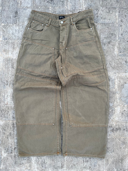 BoohooMan Olive Green Double-Knee Carpenter Baggy Jeans (36)